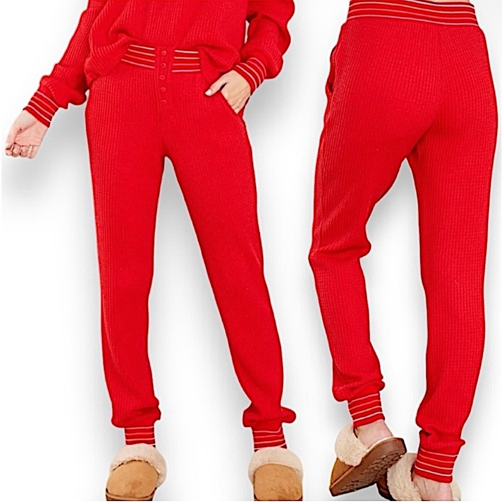 NWT PJ Salvage Speckled Waffle-knit Rainbow Trim Joggers In Color Red Medium